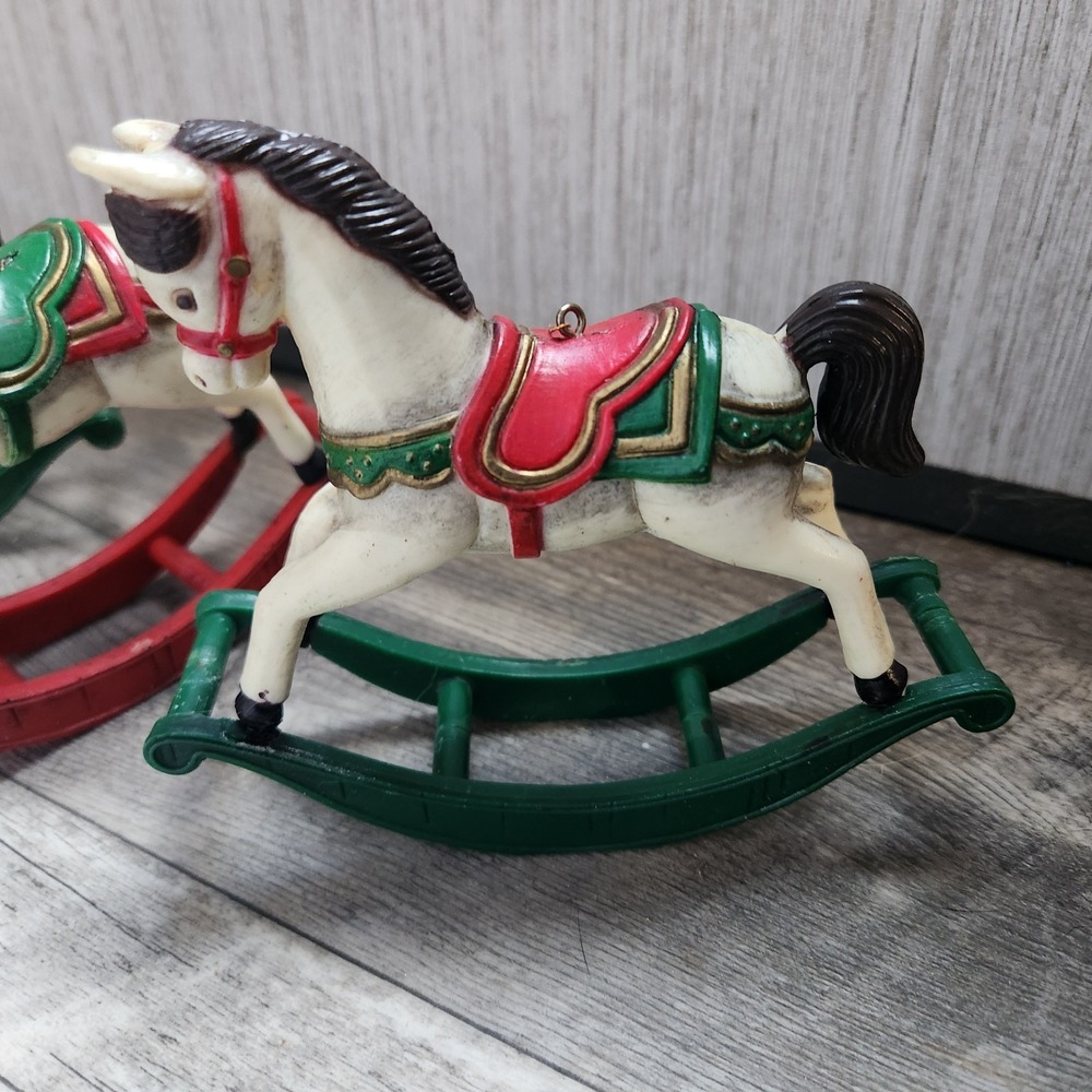 Vtg Plastic Red Green Saddle Rocking Horses Christmas Ornaments Set Of‎ 3